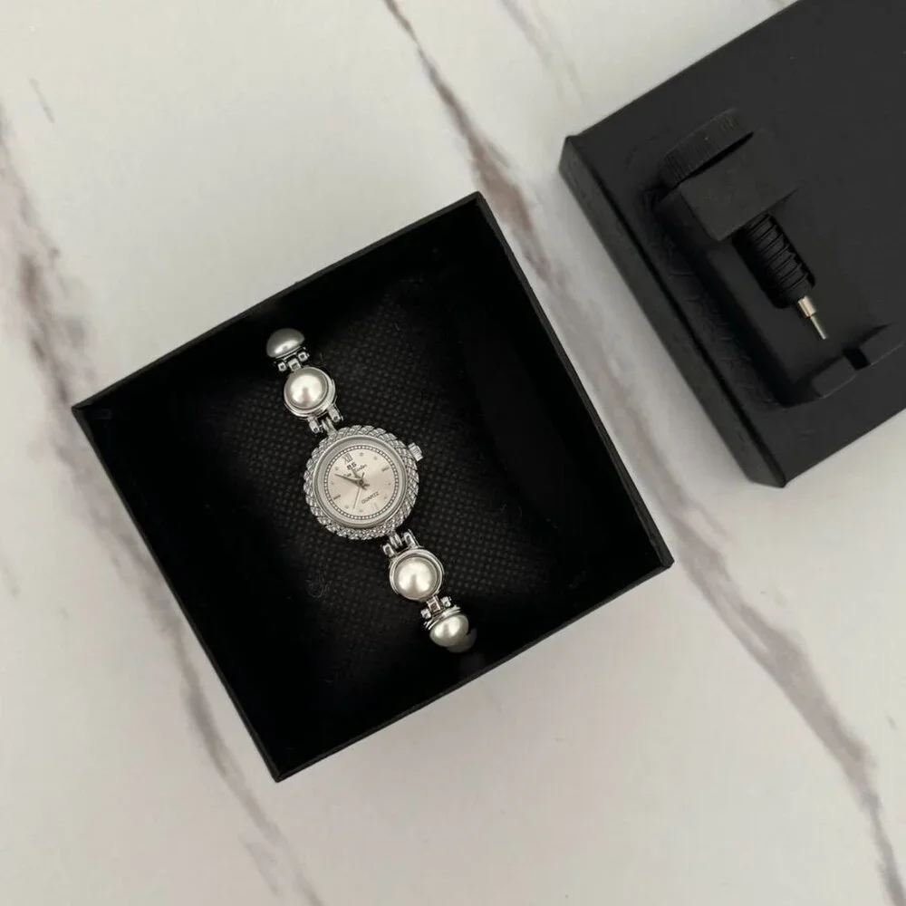 SKU:0121 cute vintage style silver mini watch bracelet with white‎ pearls